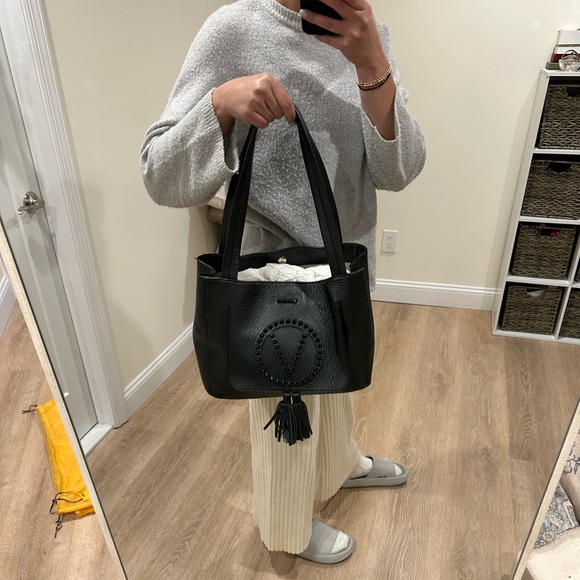 Valentino Estelle Rock Studded Pebbled Leather Black Tote Shoulder Bag - Picture 6 of 14